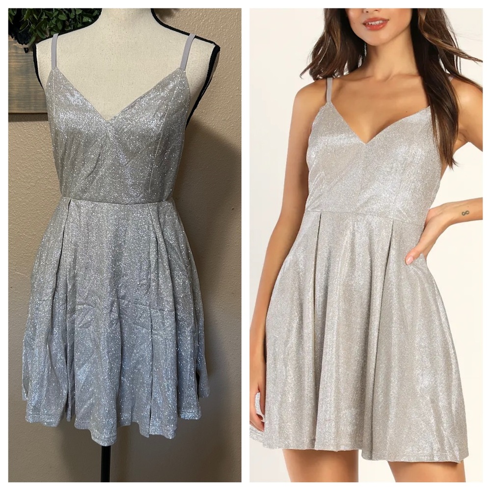 NWT Lulus Lookout Weekend Sparkly Silver Skater Dress